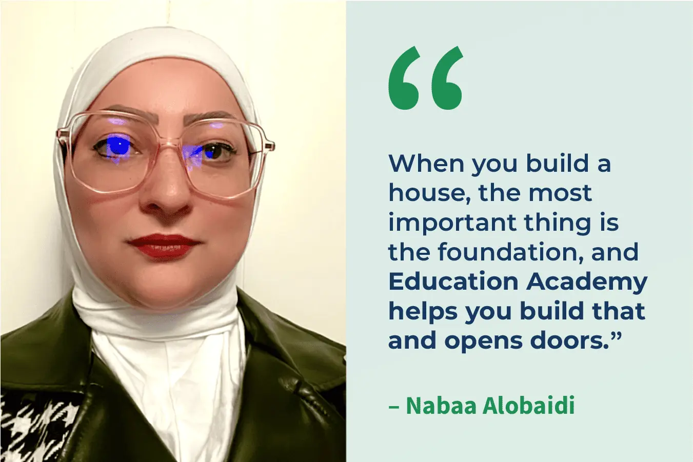 Headshot of Nabaa Alobaidi and quote